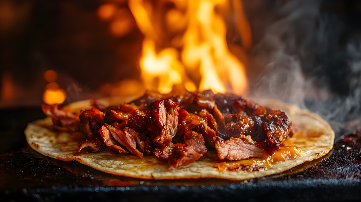 A tortilla on a stove with Mexican meat in El Paso.